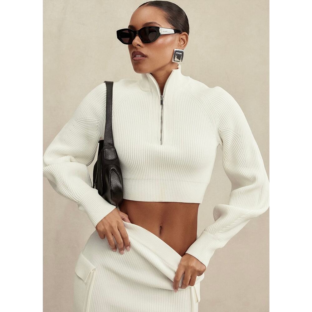 NWOT House of CB Reeva White Balloon Sleeve Ribbed Sweater Zip Top Size Small - Picture 5 of 16